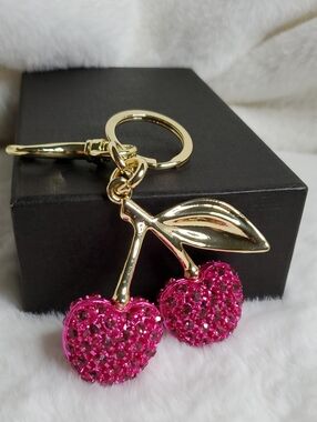 CC Boutique Gold Cherry Keychain with Hot Pink Crystal Cherries